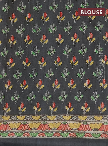 Semi tussar saree beige and elephant grey with madhubani prints and printed border