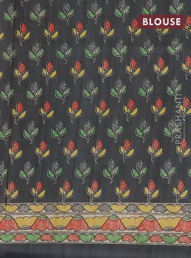 Semi tussar saree beige and elephant grey with madhubani prints and printed border