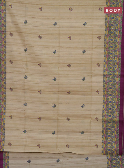 Semi tussar saree beige and purple with madhubani prints and printed border