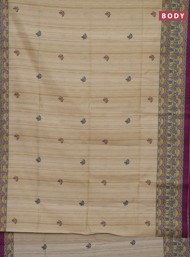 Semi tussar saree beige and purple with madhubani prints and printed border