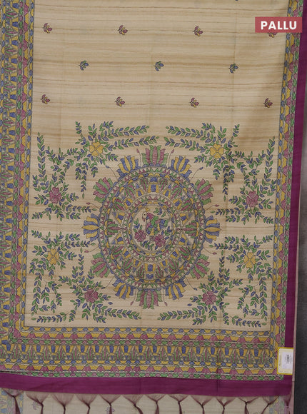 Semi tussar saree beige and purple with madhubani prints and printed border