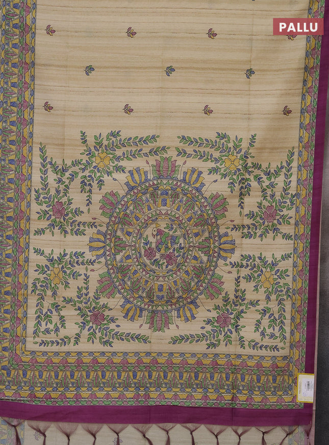 Semi tussar saree beige and purple with madhubani prints and printed border