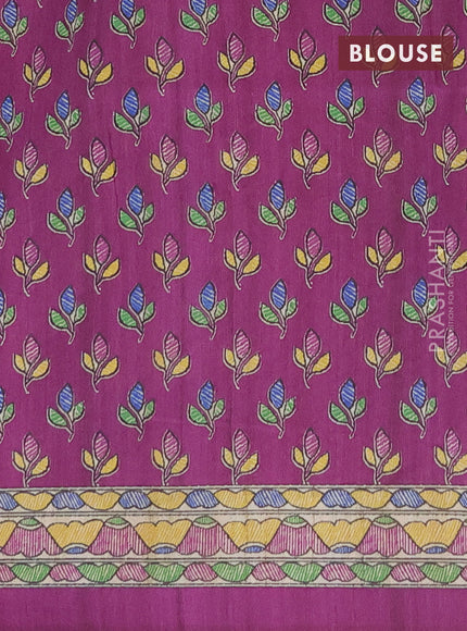 Semi tussar saree beige and purple with madhubani prints and printed border