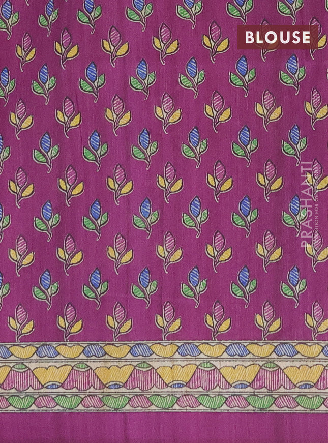 Semi tussar saree beige and purple with madhubani prints and printed border