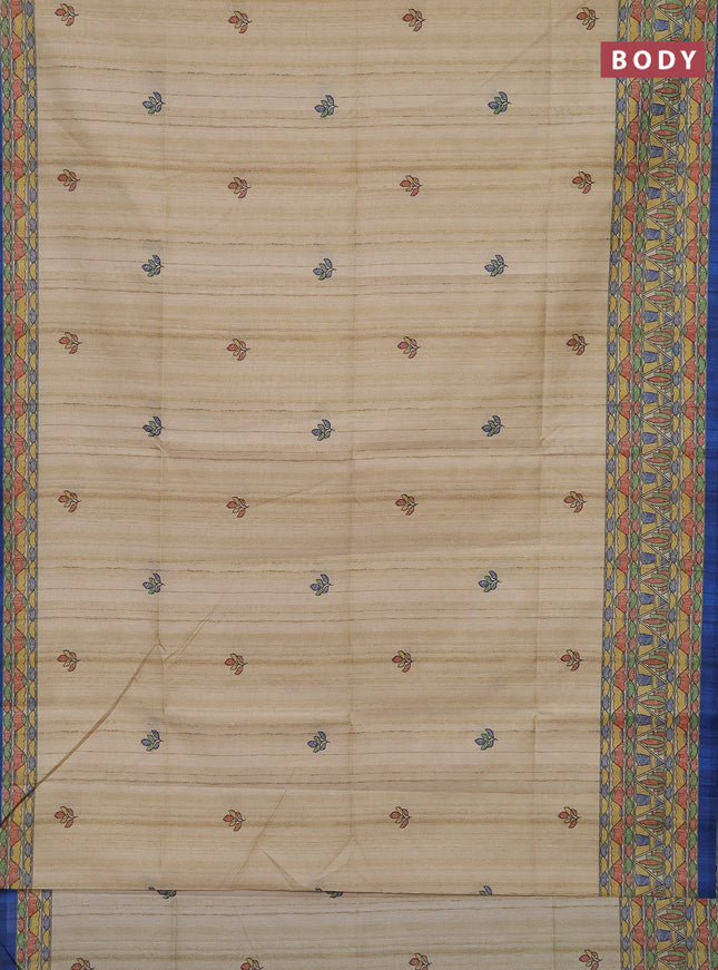 Semi tussar saree beige and blue with madhubani prints and printed border