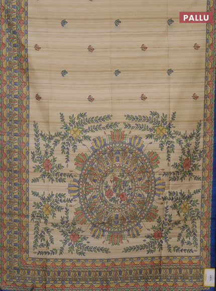 Semi tussar saree beige and blue with madhubani prints and printed border