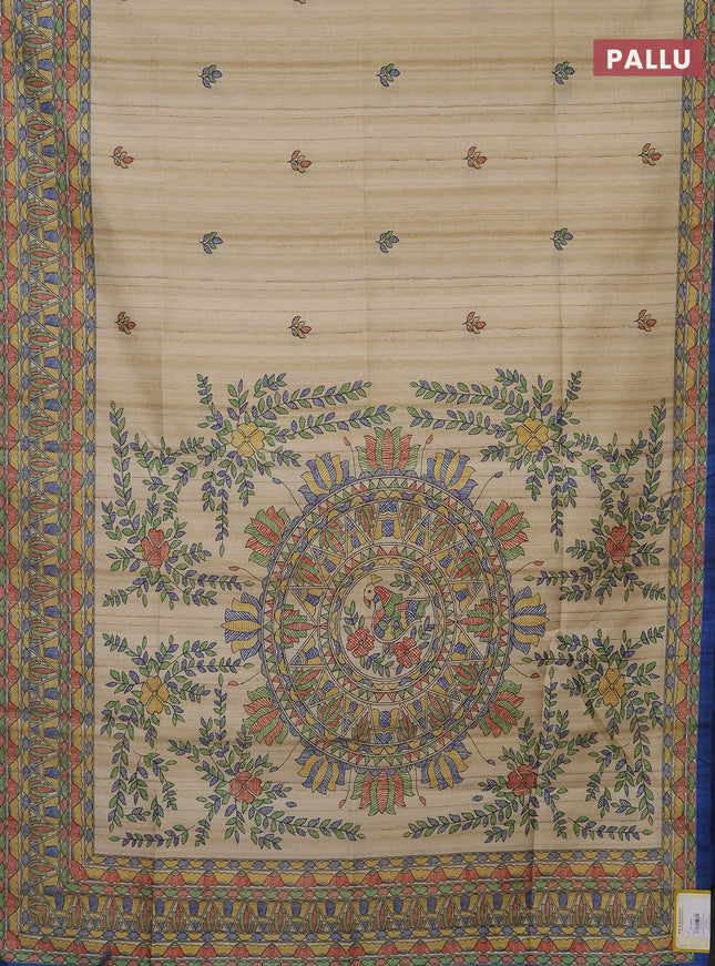 Semi tussar saree beige and blue with madhubani prints and printed border
