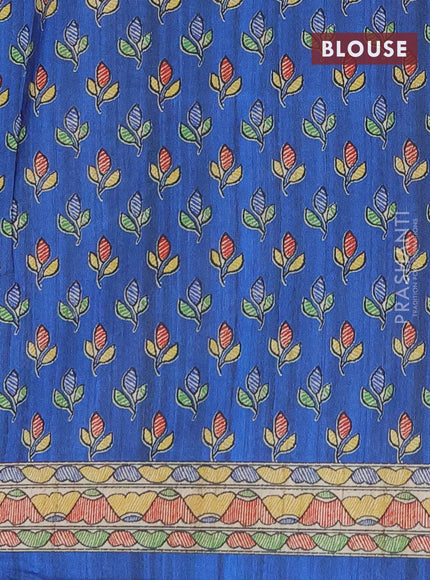 Semi tussar saree beige and blue with madhubani prints and printed border
