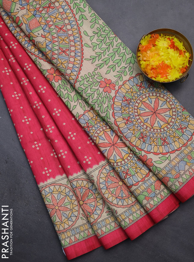 Semi tussar saree pink and beige with bandhini butta prints and mandhubani printed pallu