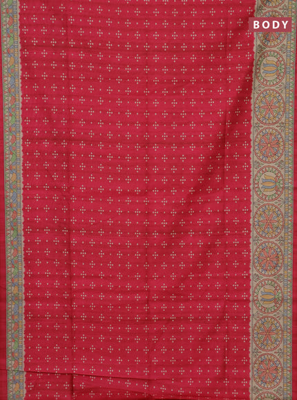 Semi tussar saree pink and beige with bandhini butta prints and mandhubani printed pallu