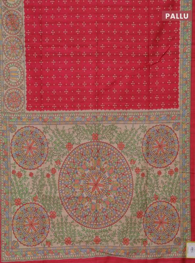 Semi tussar saree pink and beige with bandhini butta prints and mandhubani printed pallu