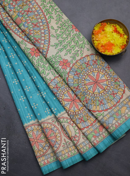 Semi tussar saree teal blue and beige with bandhini butta prints and mandhubani printed pallu
