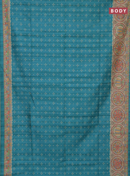 Semi tussar saree teal blue and beige with bandhini butta prints and mandhubani printed pallu