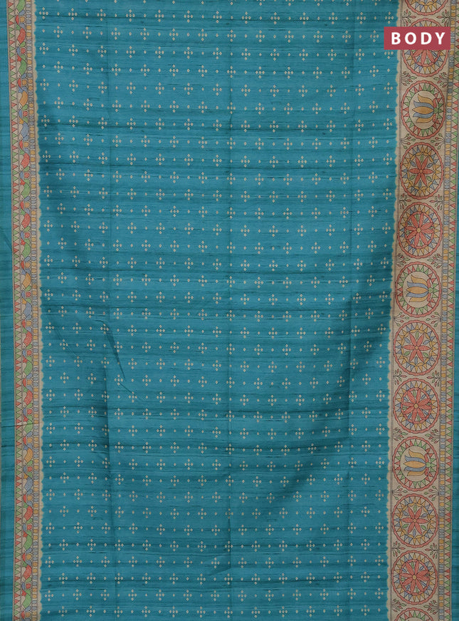 Semi tussar saree teal blue and beige with bandhini butta prints and mandhubani printed pallu