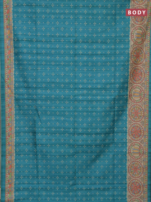 Semi tussar saree teal blue and beige with bandhini butta prints and mandhubani printed pallu