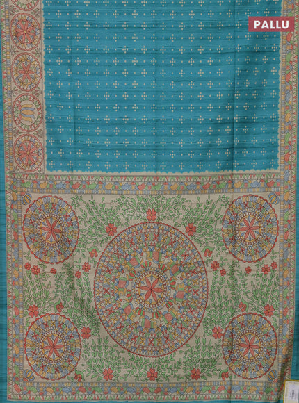 Semi tussar saree teal blue and beige with bandhini butta prints and mandhubani printed pallu