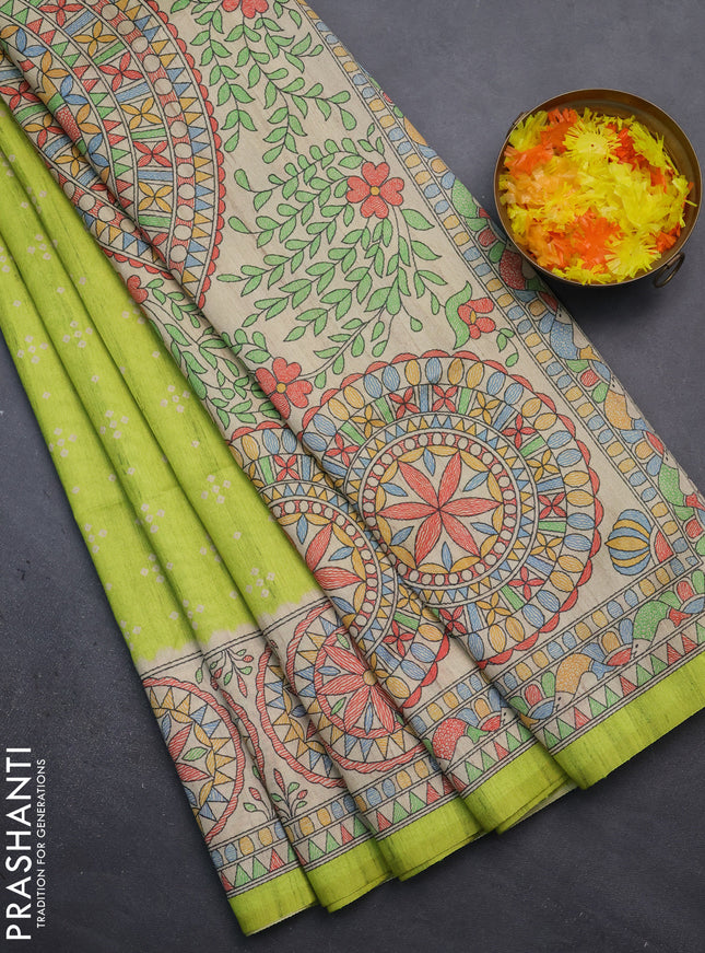 Semi tussar saree fluorescent green and beige with bandhini butta prints and mandhubani printed pallu