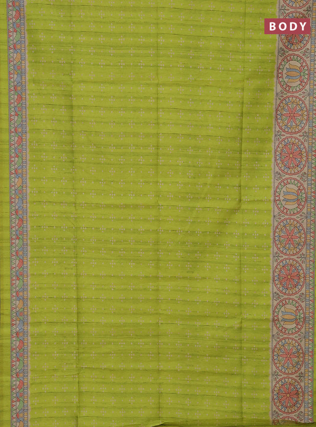 Semi tussar saree fluorescent green and beige with bandhini butta prints and mandhubani printed pallu