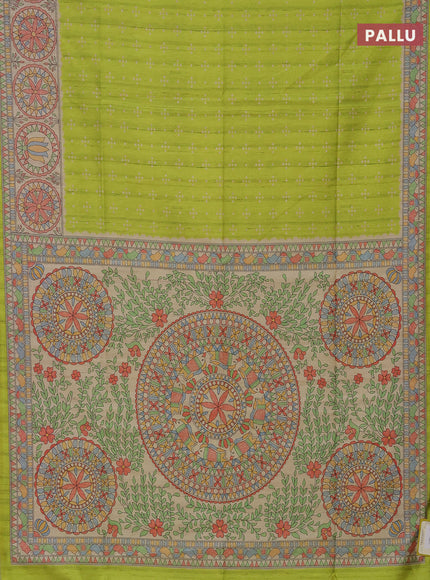 Semi tussar saree fluorescent green and beige with bandhini butta prints and mandhubani printed pallu
