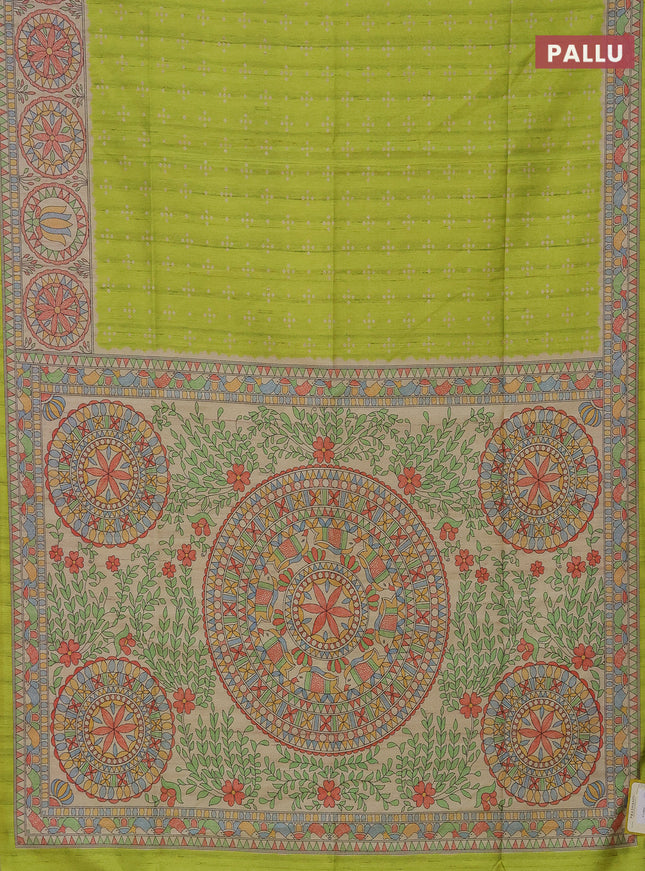 Semi tussar saree fluorescent green and beige with bandhini butta prints and mandhubani printed pallu