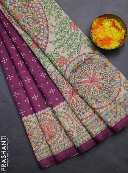 Semi tussar saree purple and beige with bandhini butta prints and mandhubani printed pallu