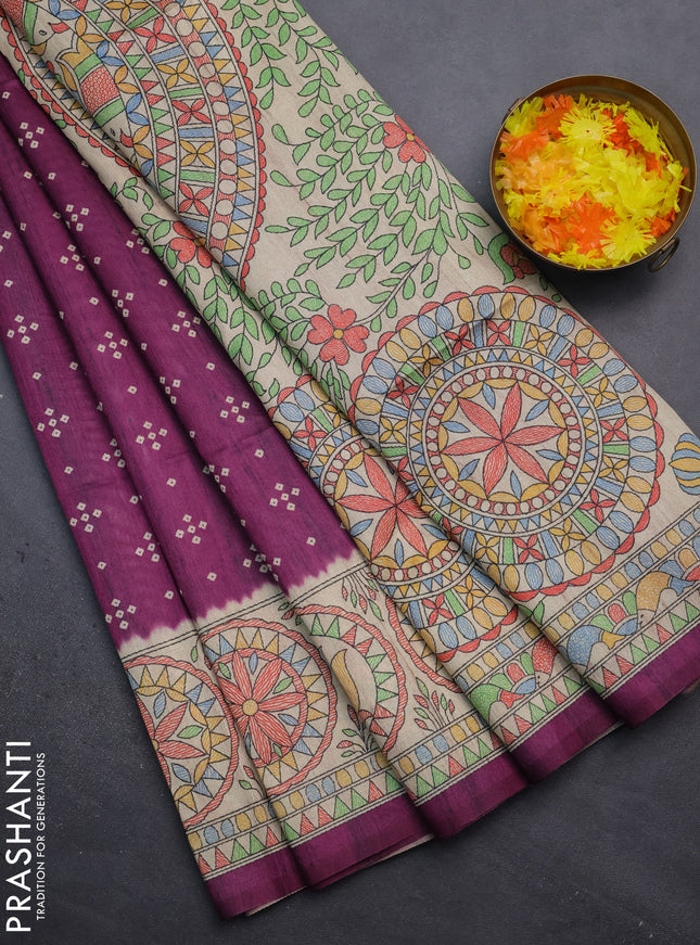 Semi tussar saree purple and beige with bandhini butta prints and mandhubani printed pallu
