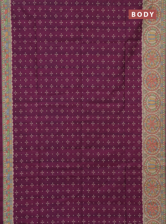 Semi tussar saree purple and beige with bandhini butta prints and mandhubani printed pallu