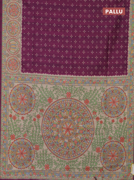 Semi tussar saree purple and beige with bandhini butta prints and mandhubani printed pallu