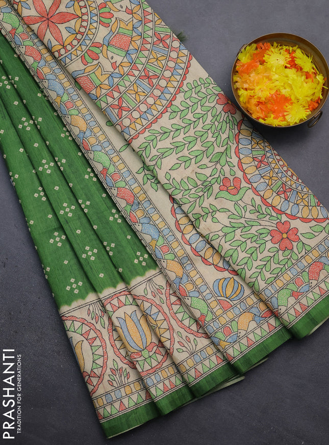 Semi tussar saree green and beige with bandhini butta prints and mandhubani printed pallu