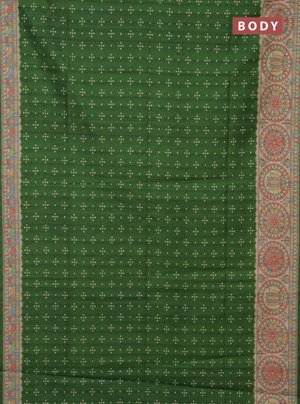 Semi tussar saree green and beige with bandhini butta prints and mandhubani printed pallu