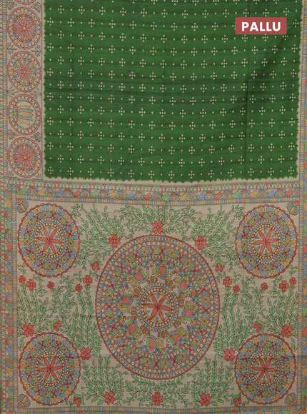Semi tussar saree green and beige with bandhini butta prints and mandhubani printed pallu