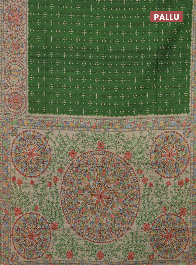 Semi tussar saree green and beige with bandhini butta prints and mandhubani printed pallu