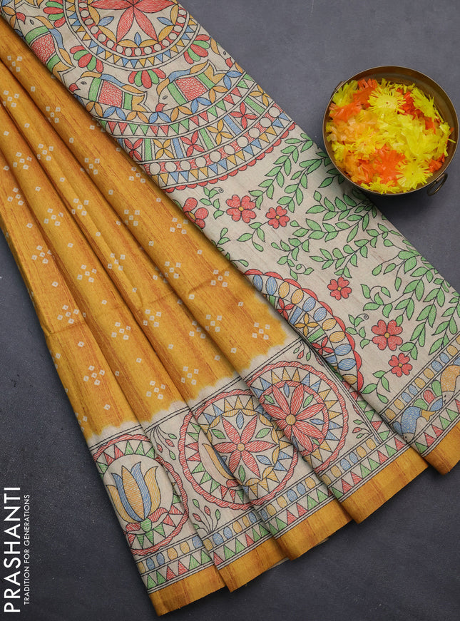 Semi tussar saree mustard yellow and beige with bandhini butta prints and mandhubani printed pallu