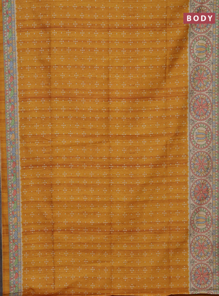 Semi tussar saree mustard yellow and beige with bandhini butta prints and mandhubani printed pallu