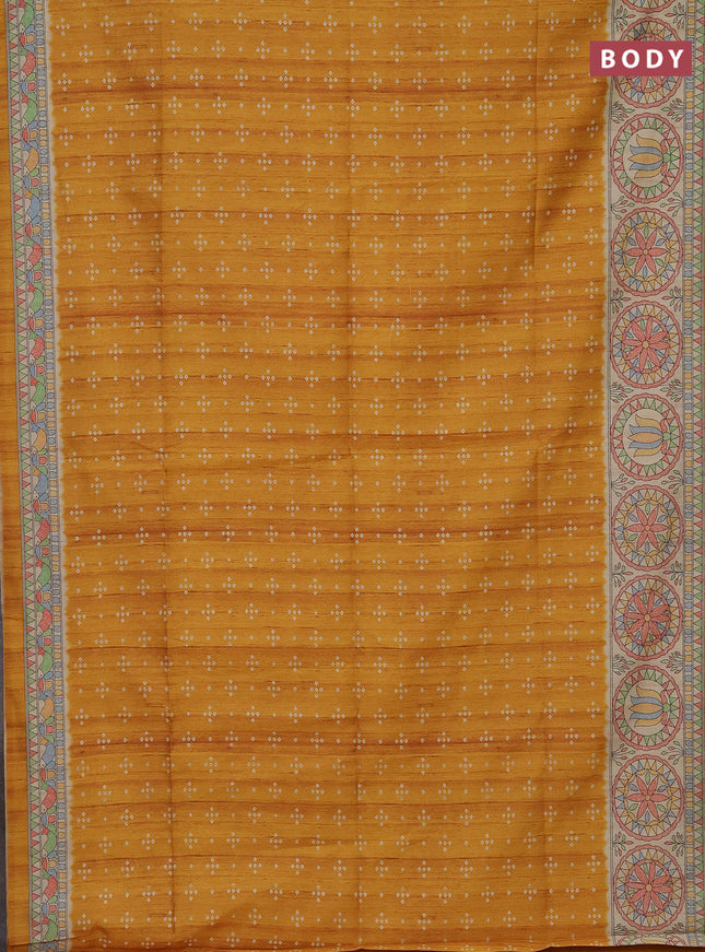 Semi tussar saree mustard yellow and beige with bandhini butta prints and mandhubani printed pallu