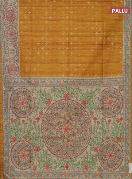 Semi tussar saree mustard yellow and beige with bandhini butta prints and mandhubani printed pallu