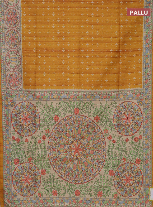 Semi tussar saree mustard yellow and beige with bandhini butta prints and mandhubani printed pallu