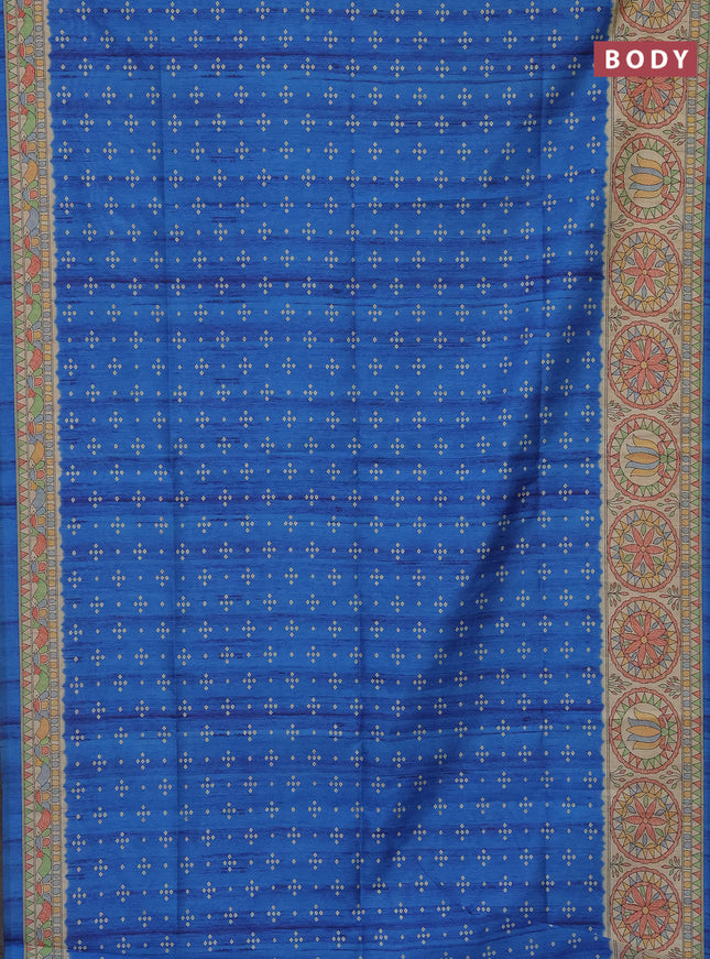 Semi tussar saree cs blue and beige with bandhini butta prints and mandhubani printed pallu
