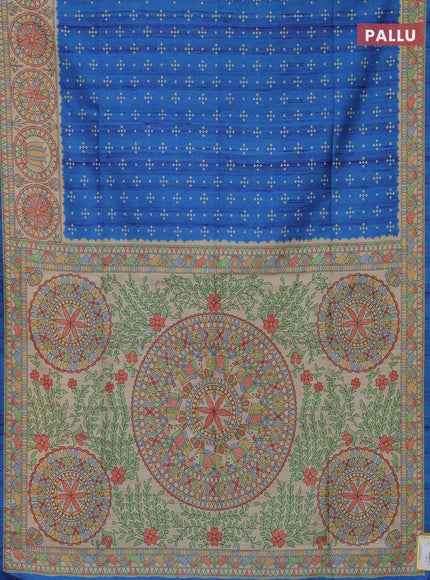Semi tussar saree cs blue and beige with bandhini butta prints and mandhubani printed pallu
