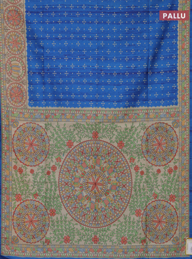 Semi tussar saree cs blue and beige with bandhini butta prints and mandhubani printed pallu