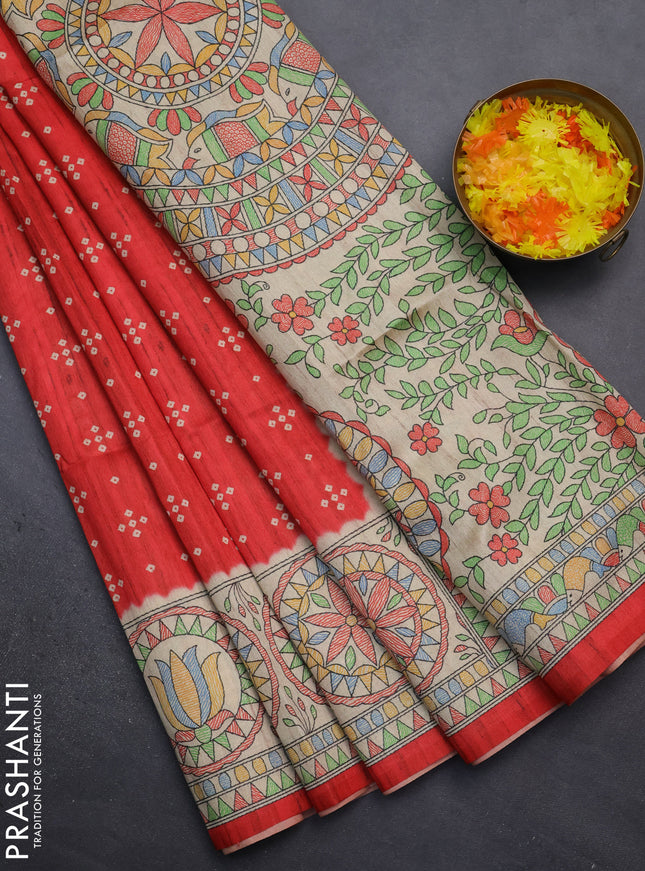 Semi tussar saree red and beige with bandhini butta prints and mandhubani printed pallu