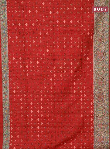Semi tussar saree red and beige with bandhini butta prints and mandhubani printed pallu