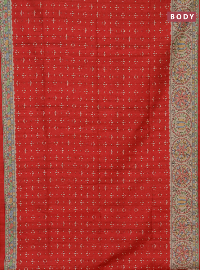 Semi tussar saree red and beige with bandhini butta prints and mandhubani printed pallu