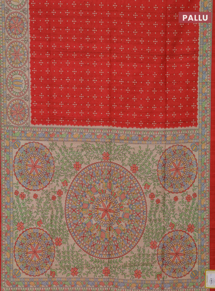 Semi tussar saree red and beige with bandhini butta prints and mandhubani printed pallu