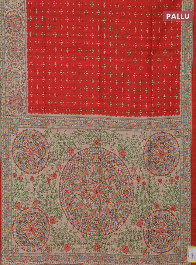 Semi tussar saree red and beige with bandhini butta prints and mandhubani printed pallu
