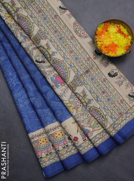 Semi tussar saree blue and beige with allover prints and mandhubani printed pallu