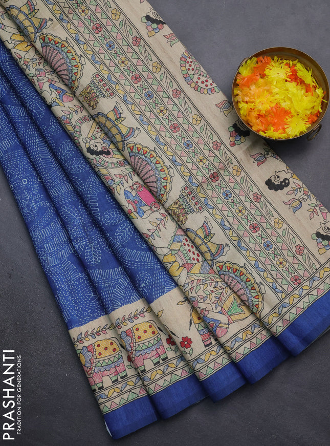 Semi tussar saree blue and beige with allover prints and mandhubani printed pallu
