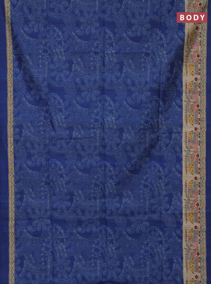 Semi tussar saree blue and beige with allover prints and mandhubani printed pallu