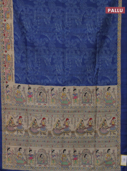 Semi tussar saree blue and beige with allover prints and mandhubani printed pallu