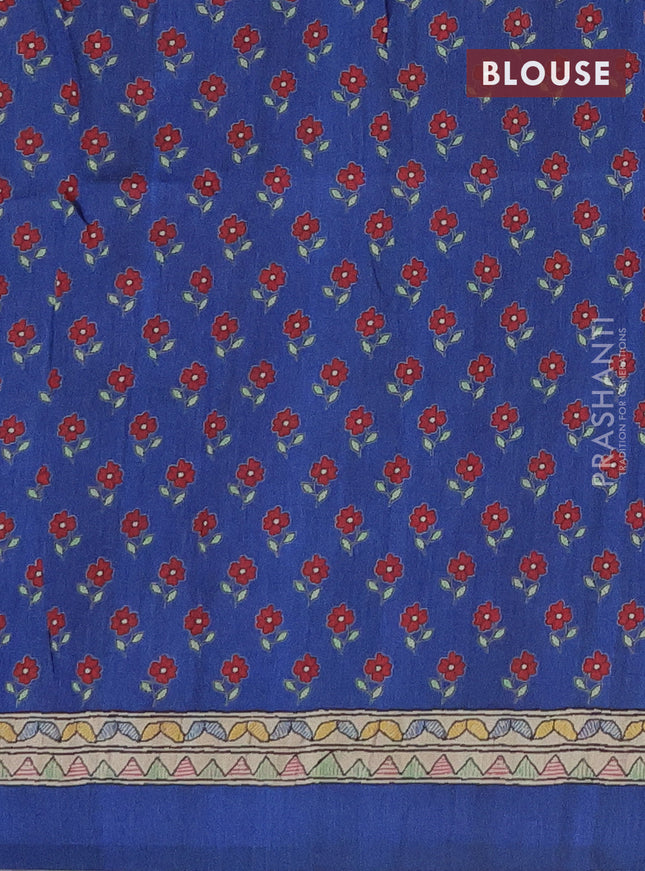 Semi tussar saree blue and beige with allover prints and mandhubani printed pallu